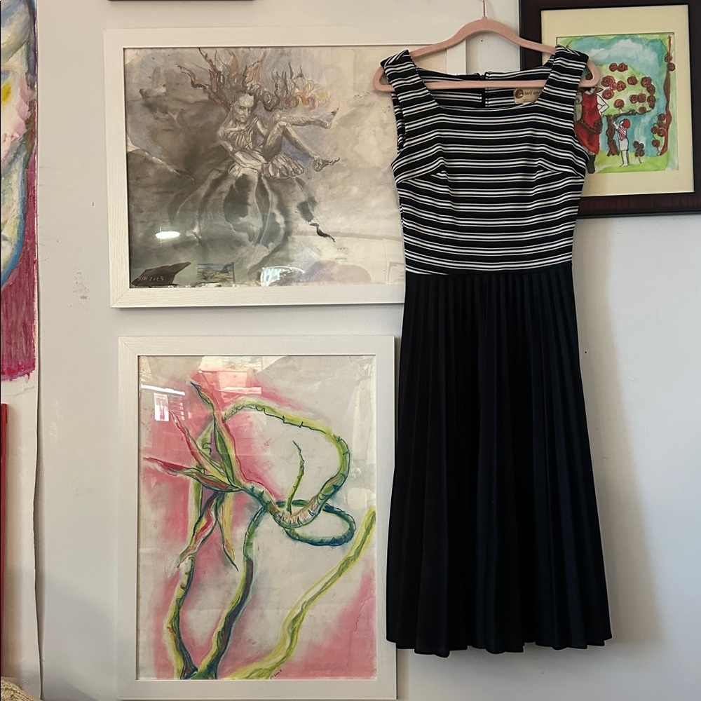 S, 28-32” Waist, 60s Knit Lori-Ann Stripe And Pleated Skirt Knit Dress
